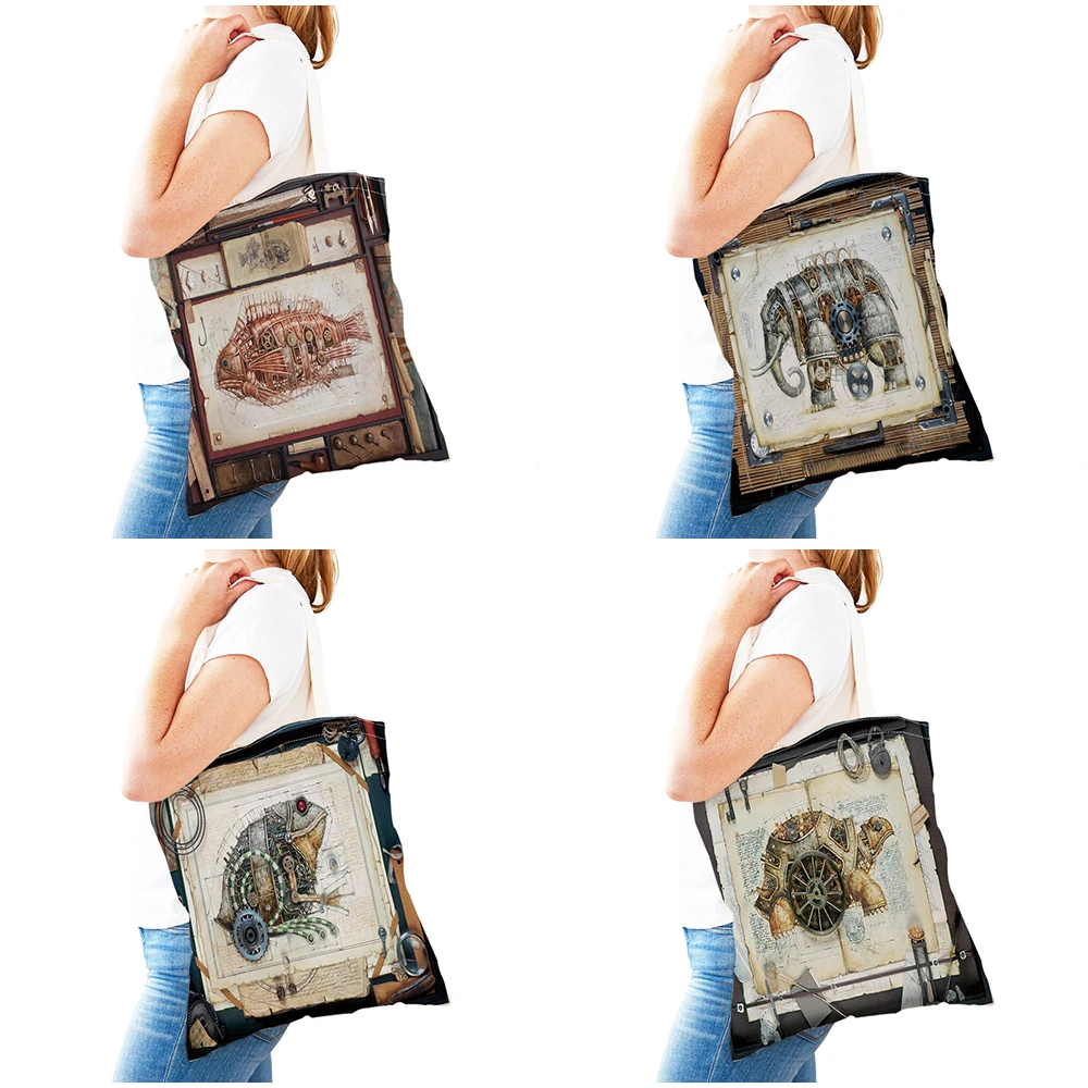 Steampunk-style mechanical animal double-sided supermarket shopping bag, industrial retro style handbag, women's casual bag thumbnail 5