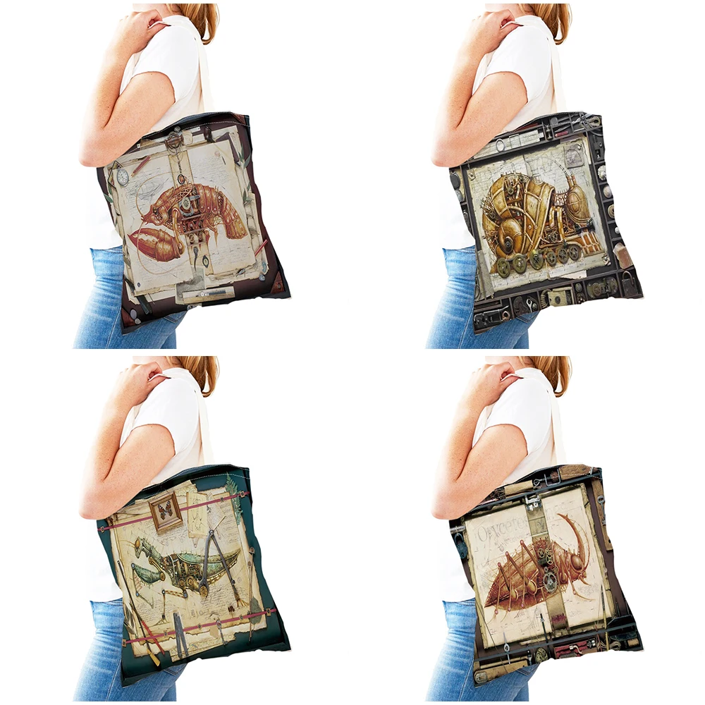 Steampunk-style mechanical animal double-sided supermarket shopping bag, industrial retro style handbag, women's casual bag thumbnail 4