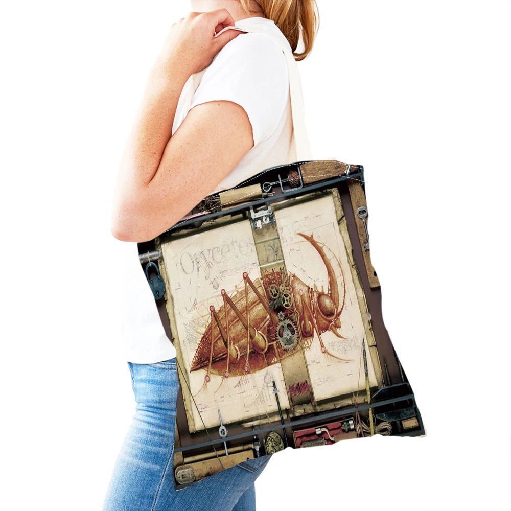 Steampunk-style mechanical animal double-sided supermarket shopping bag, industrial retro style handbag, women's casual bag