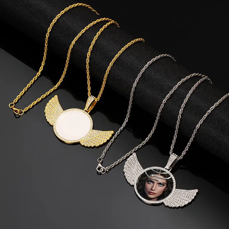 Customized Photo Fashion Necklace Crystal Angel Wing Baby Mom Dad Family Anniversary Gift Personalized Cabochon Pendant Necklace thumbnail 5