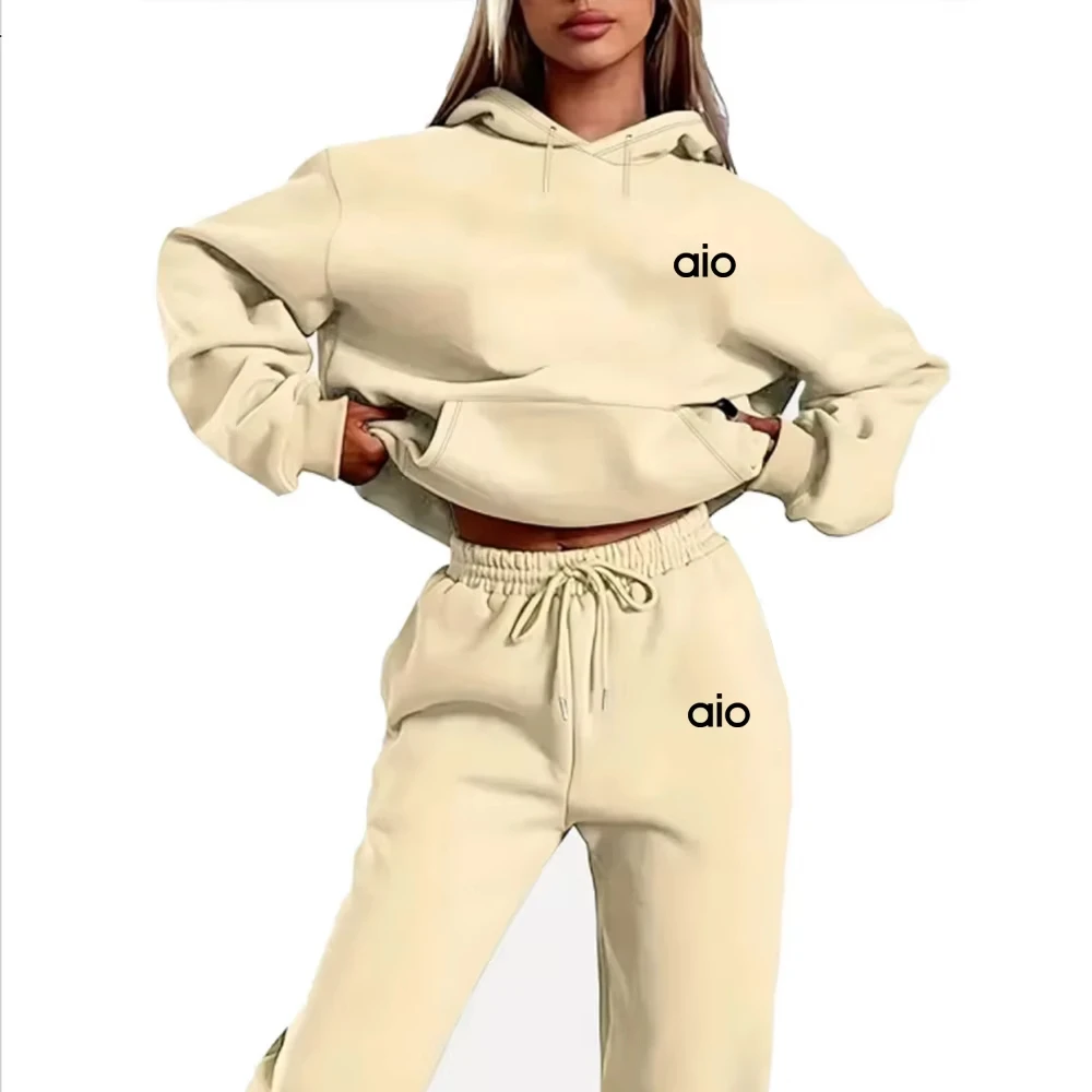 ai Printing High Quality Women Monochrome Hooded Hoodie Set Casual Two-Piece Set New Fashion Hot sweatpants tracksuit thumbnail 3