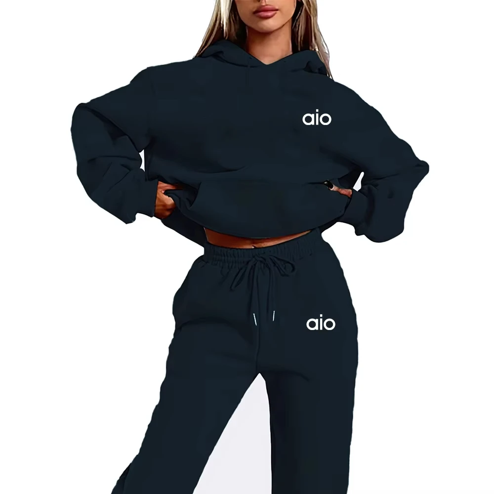 ai Printing High Quality Women Monochrome Hooded Hoodie Set Casual Two-Piece Set New Fashion Hot sweatpants tracksuit thumbnail 2