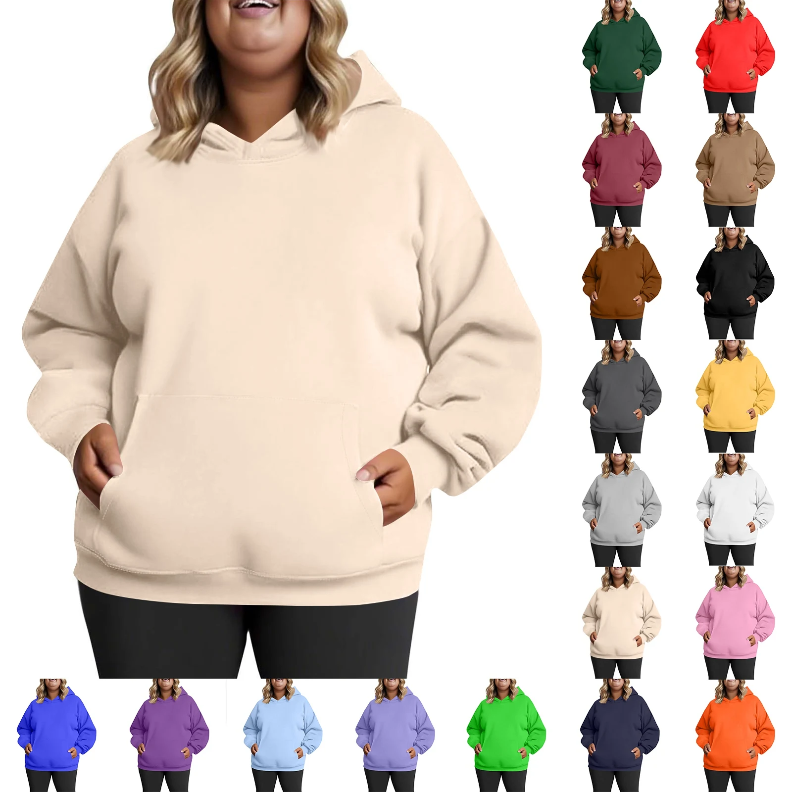 Plus Size Hooded Sweatshirt for Women Fall Fashion Casual Solid Color Pocket Hoodies Women's Clothing Street Hip Hop Hoody thumbnail 6