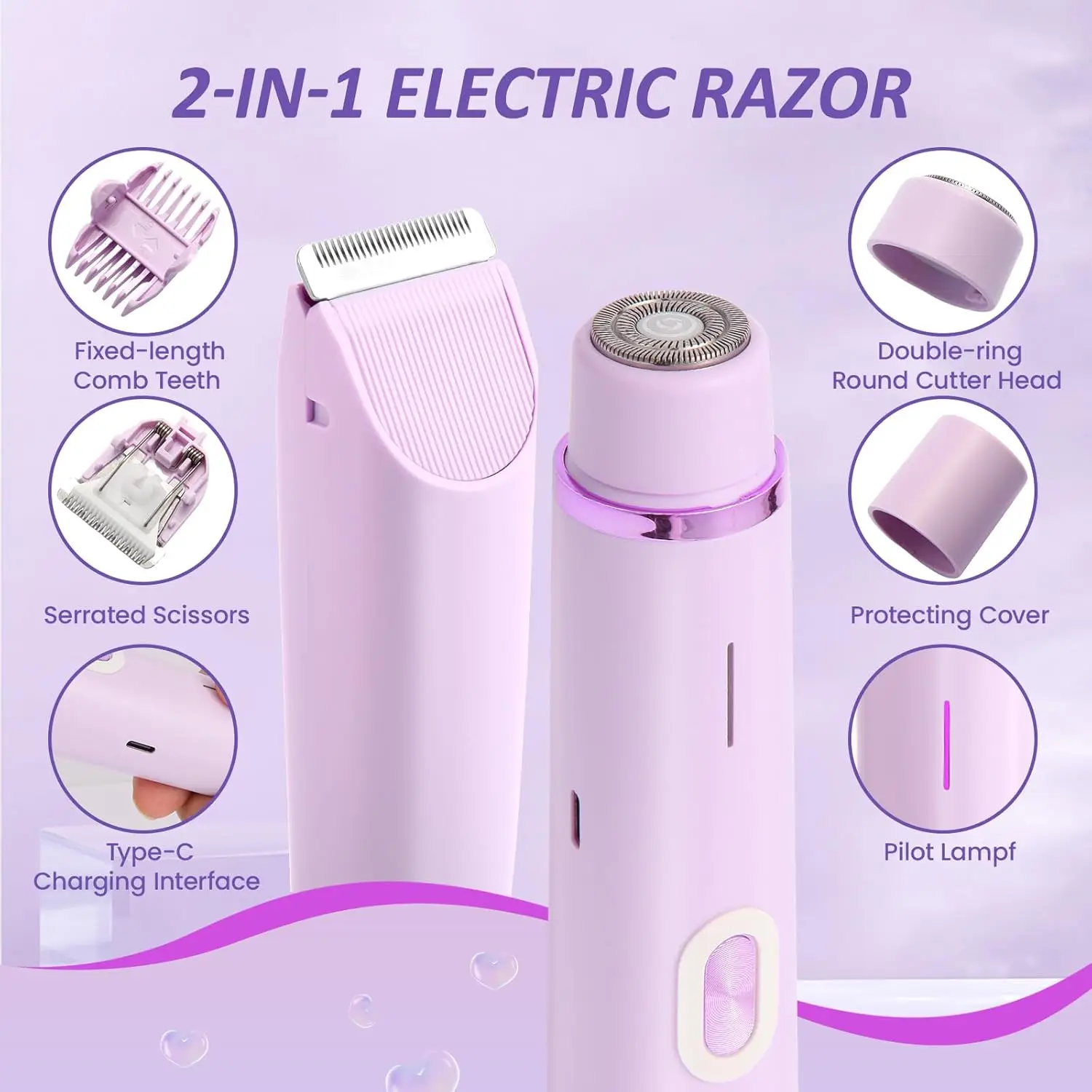Electric Razors for Women 2 in 1 Electric Shaver for Pubic Hair Trimmer IPX7 Waterproof Wet&Dry Use Bikini Shaver for Body thumbnail 3