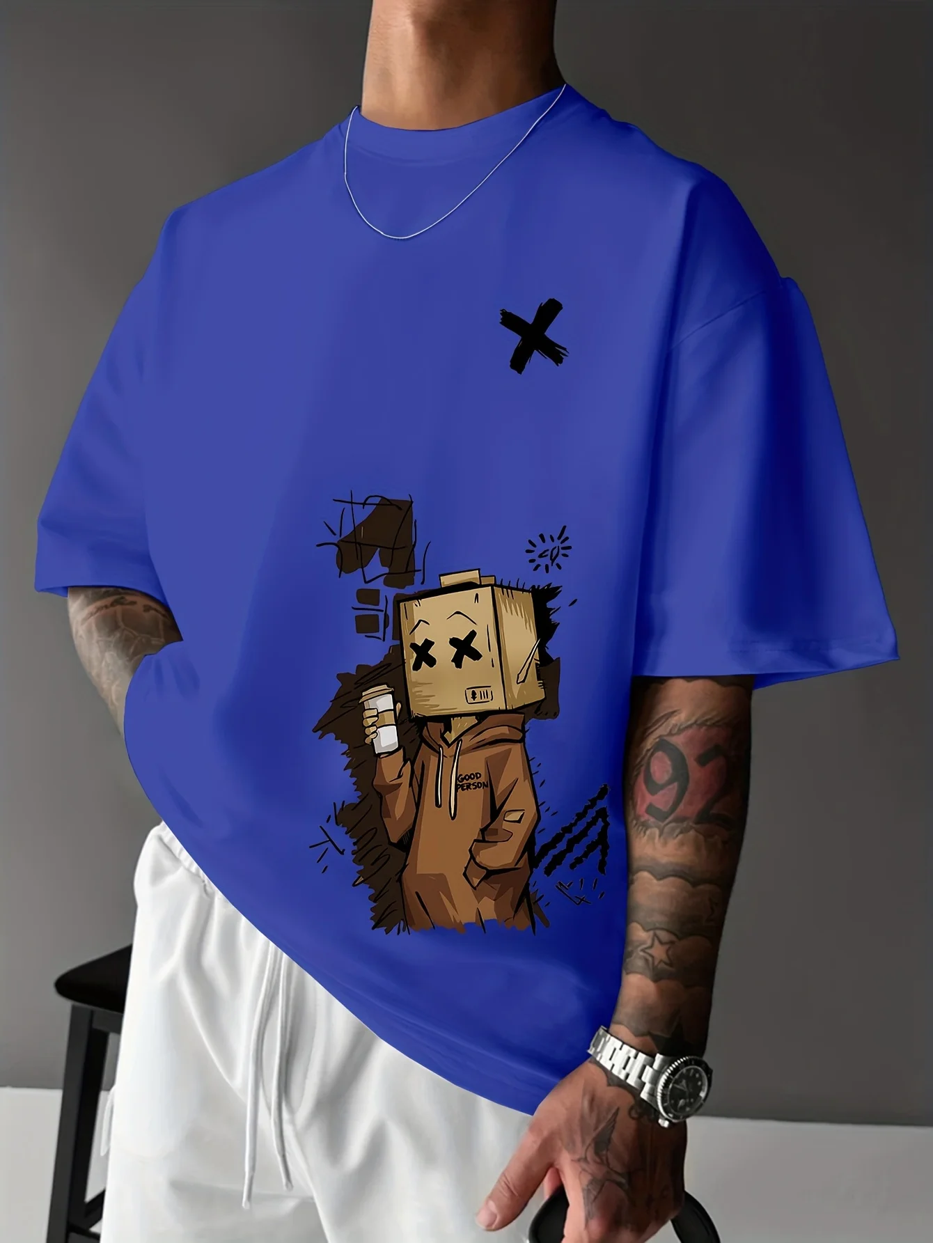 European and American Summer Men's Fashion Cartoon Graffiti Printed Comfortable Breathable Round Neck T-shirt Outdoor Street Top thumbnail 4