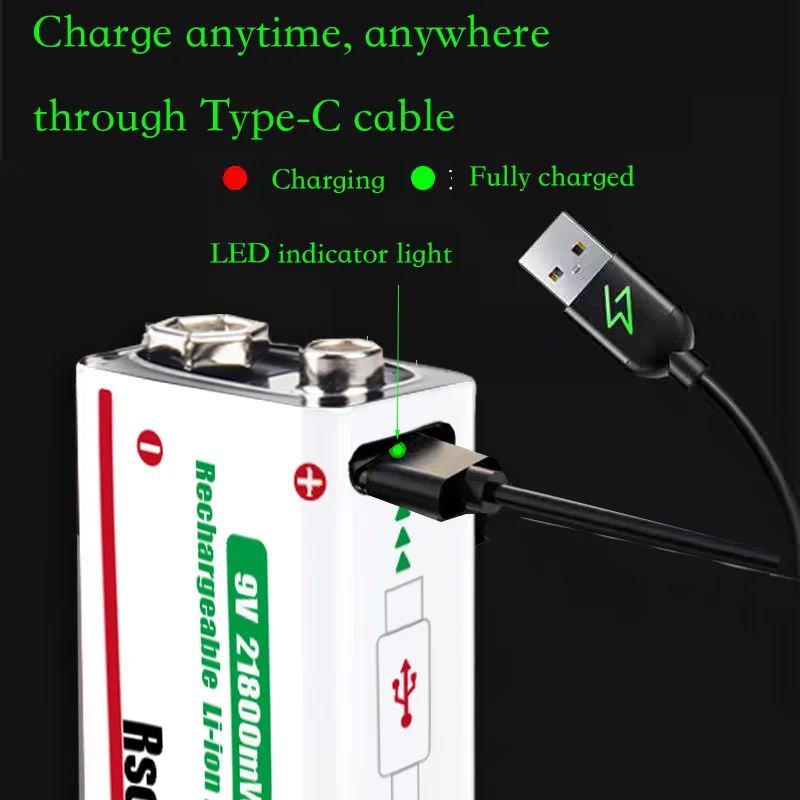 Type-C Rechargeable 9V Lithium ion  Battery 21800mWh High Capacity for Guitar Microphone Smoke Detector Pedal with Cable thumbnail 3