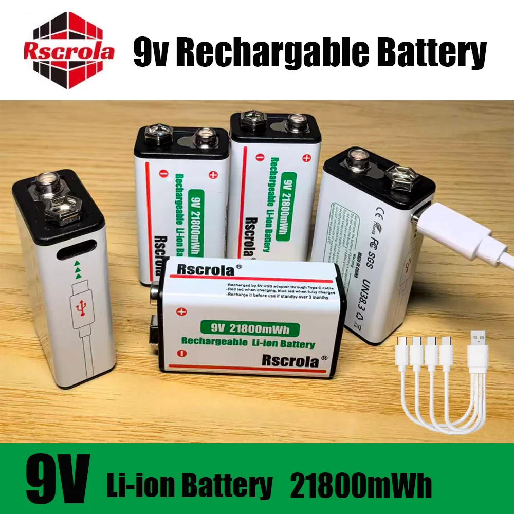 Type-C Rechargeable 9V Lithium ion  Battery 21800mWh High Capacity for Guitar Microphone Smoke Detector Pedal with Cable thumbnail 2