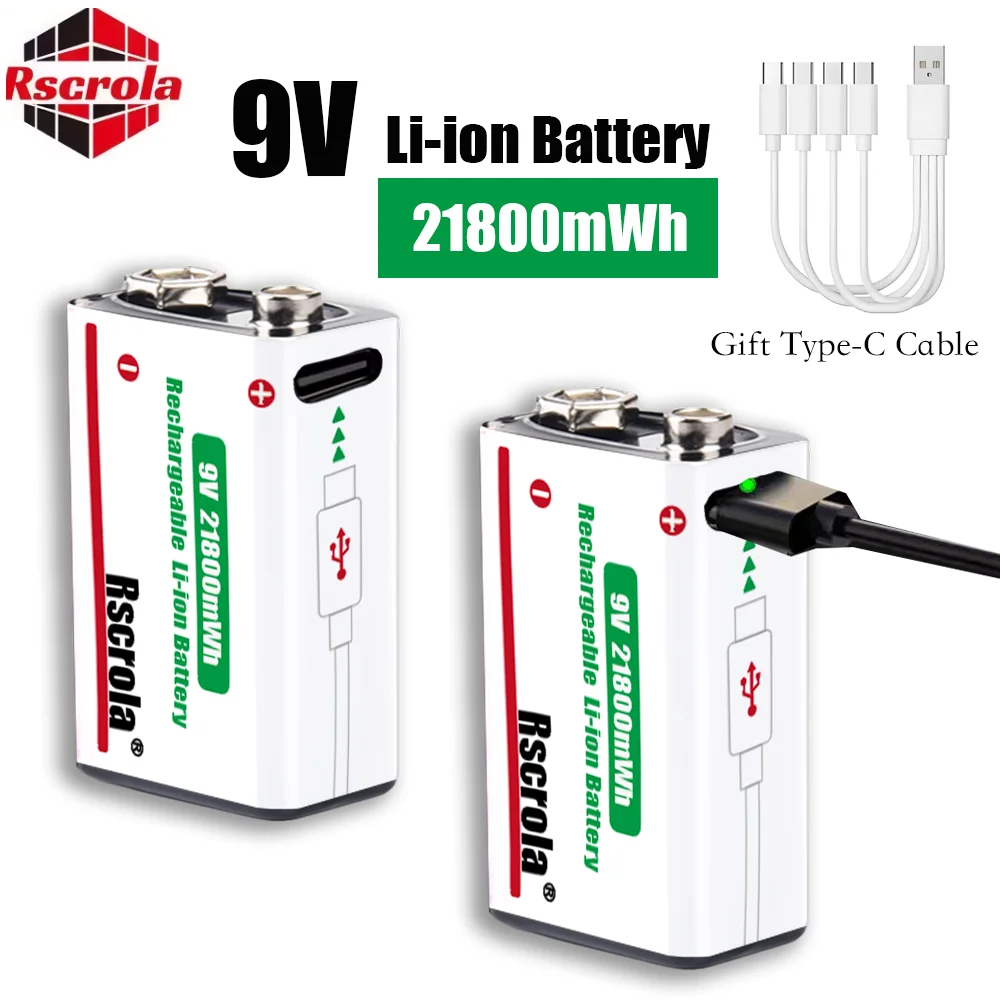 USB-C Rechargable 9V Lithium ion  Battery 21800mWh High Capacity for Guitar Microphone Smoke Detector Pedal with Cable thumbnail 3