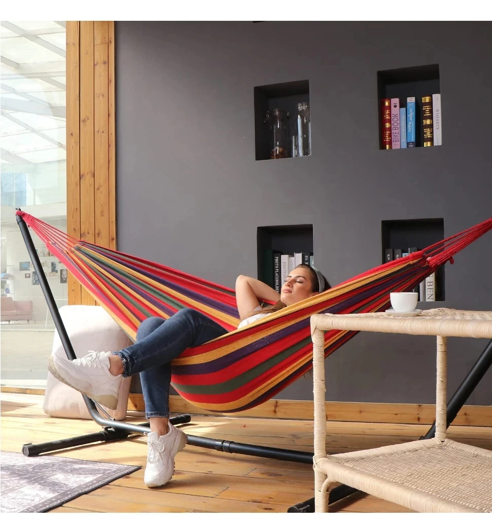 1pc Outdoor Canvas Hammock Camping Swing Hammock with Tree Ropes Load-bearing Up to Perfect for Garden Patio Backyard thumbnail 3