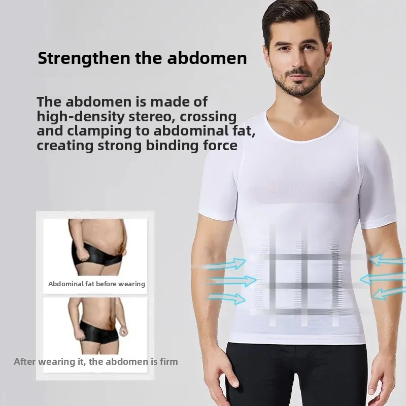 Men's Shapewear Sports Fitness Polyester Compression Seamless Short Sleeve Underwear Abdomen Chest Trimmer Body Shaper thumbnail 3