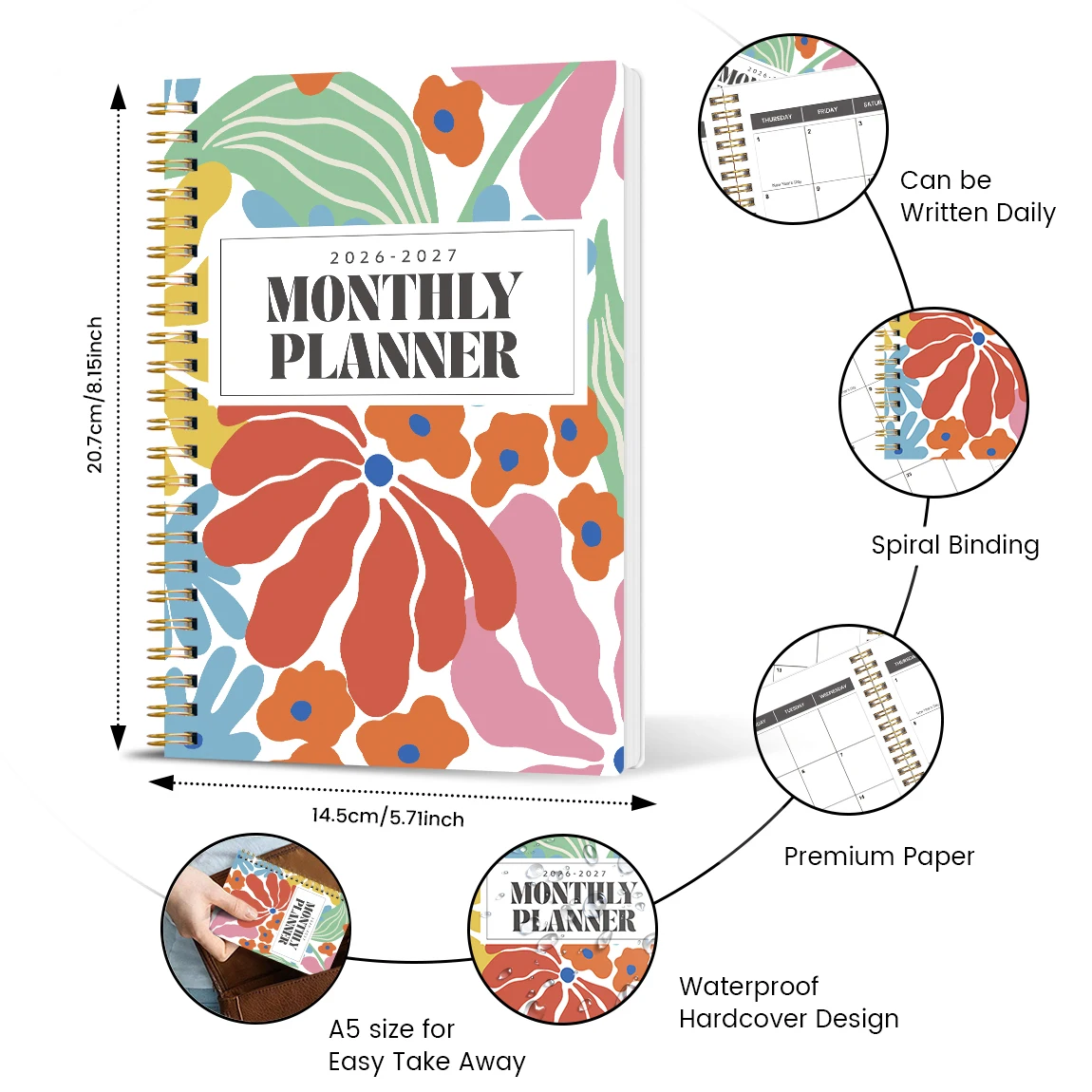 A5 2026.1-2027.12 Monthly Planner, 24 Months, Spiral Bound Agenda Organizer with Calendar, Notes,Academic Office School Supplies thumbnail 6