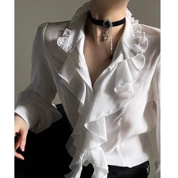 Harajuku Vintage Black Bottoming Shirt Women Stand Collar Ruffles Slim Blouses Japanese Victorian Long Sleeve Blusas De Mujer thumbnail 5