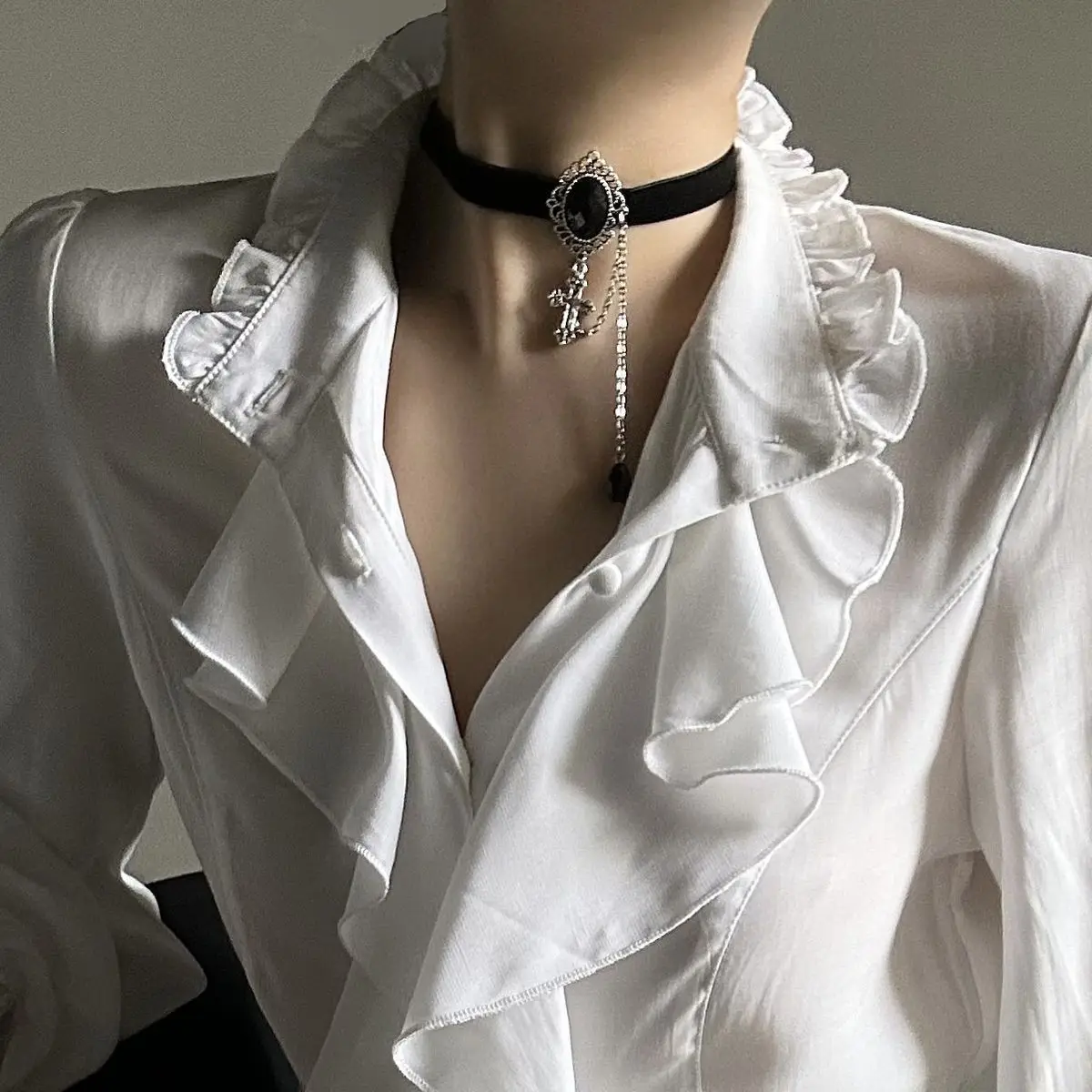 Harajuku Vintage Black Bottoming Shirt Women Stand Collar Ruffles Slim Blouses Japanese Victorian Long Sleeve Blusas De Mujer thumbnail 6