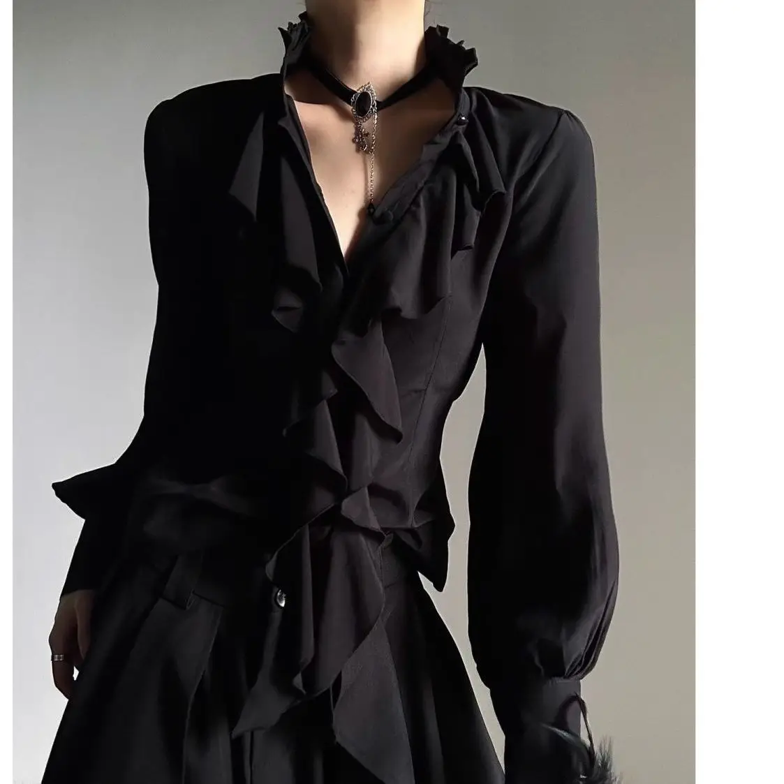Harajuku Vintage Black Bottoming Shirt Women Stand Collar Ruffles Slim Blouses Japanese Victorian Long Sleeve Blusas De Mujer thumbnail 3
