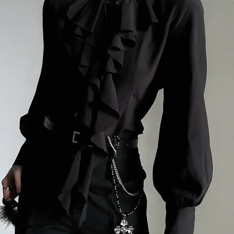 Harajuku Vintage Black Bottoming Shirt Women Stand Collar Ruffles Slim Blouses Japanese Victorian Long Sleeve Blusas De Mujer thumbnail 4