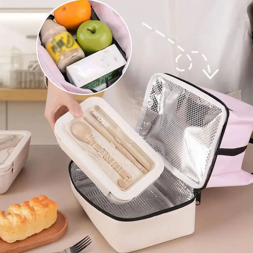 Double-layer Insulated Handbag Lunch Bag With Should Strap Handle Cooler Bag Women Portable Food Bag For Work Student Lunch Box thumbnail 3