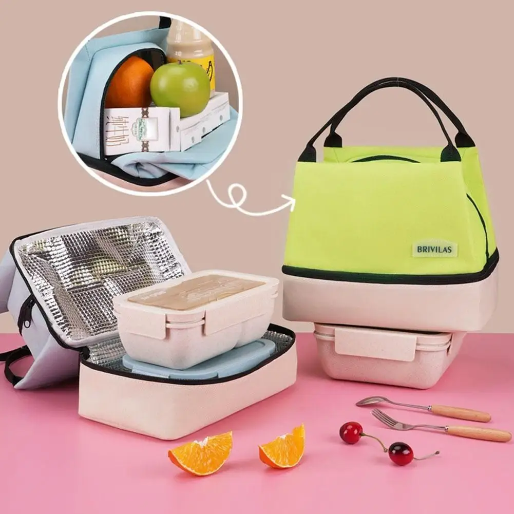 Double-layer Insulated Handbag Lunch Bag With Should Strap Handle Cooler Bag Women Portable Food Bag For Work Student Lunch Box thumbnail 6