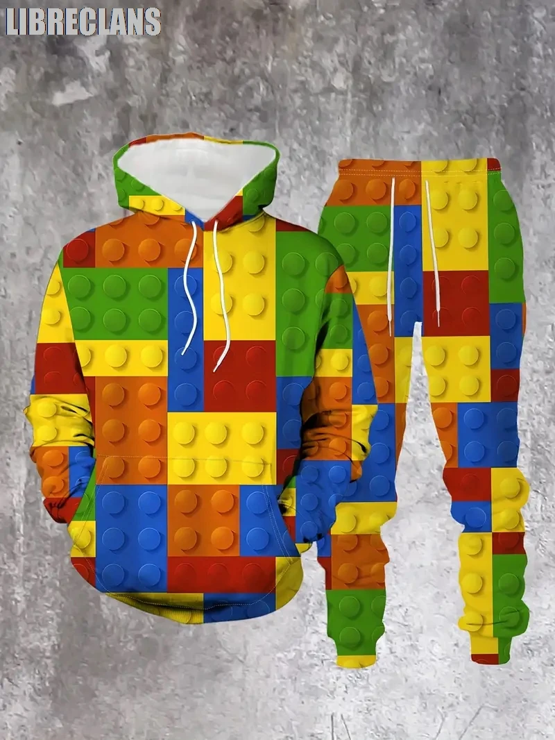 Men's Splicing 2Pcs Outfits 3D Print Men's Hooded Sweatshirt Sweatpants Set Fall/winter Men's Clothing Men's Clothing 2Pcs Sets