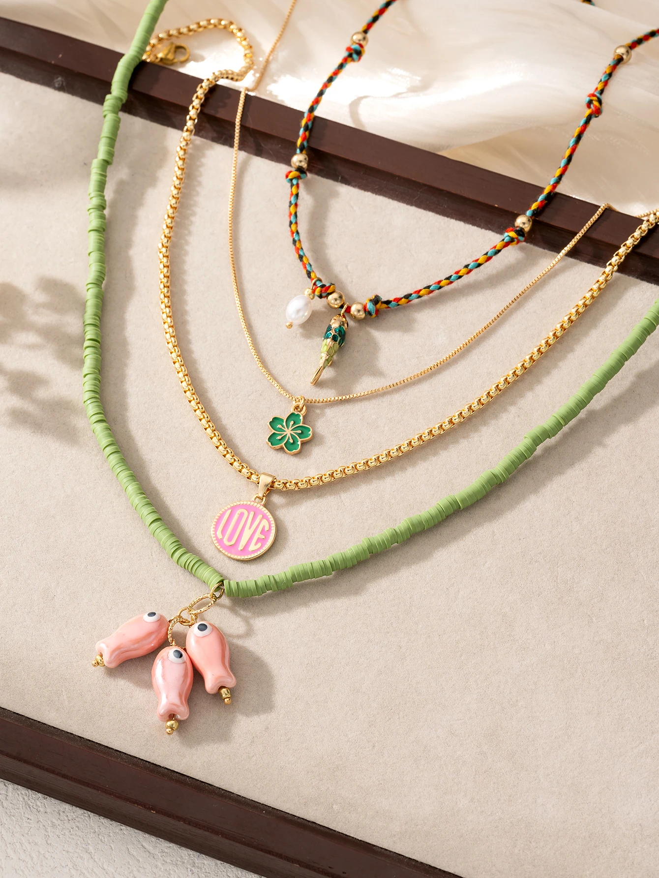 4pcs Fashion Layered Stacked Necklace Set Ceramics Fish Charms Bead Design Colorful Bohemian Statement Women Party Jewelry thumbnail 2