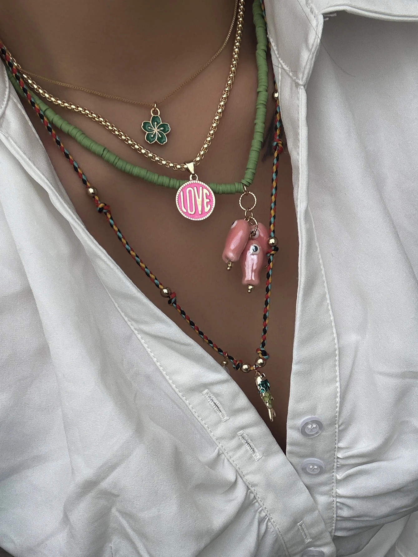 4pcs Fashion Layered Stacked Necklace Set Ceramics Fish Charms Bead Design Colorful Bohemian Statement Women Party Jewelry thumbnail 3