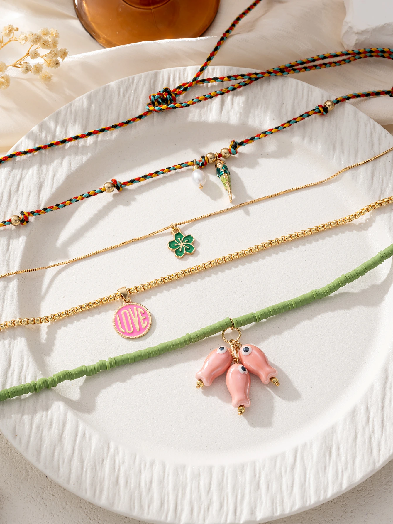 4pcs Fashion Layered Stacked Necklace Set Ceramics Fish Charms Bead Design Colorful Bohemian Statement Women Party Jewelry thumbnail 4