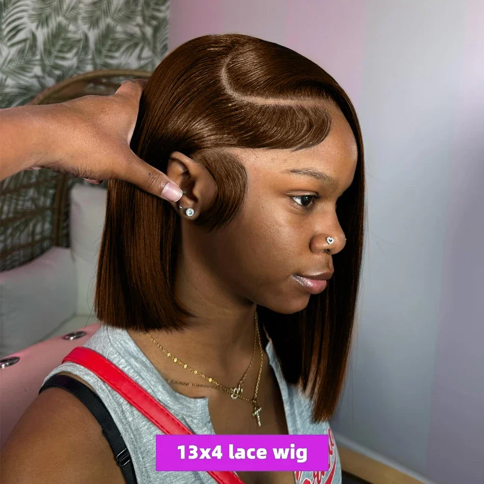Brown Straight Short Bob Wig 13x4 4x4 HD Lace Frontal Wigs 100% Human Hair Preplucked For Black Woman #4 Color 14 16 Inch thumbnail 3