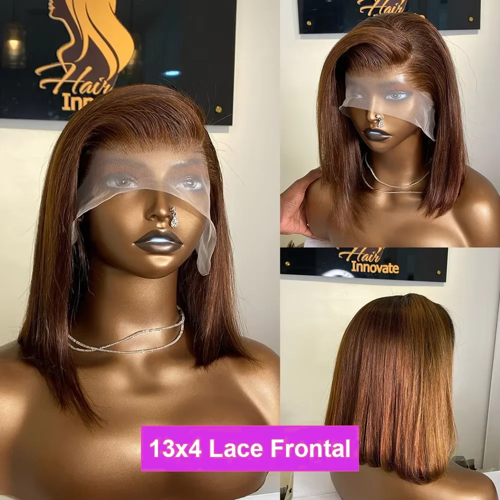 Brown Straight Short Bob Wig 13x4 4x4 HD Lace Frontal Wigs 100% Human Hair Preplucked For Black Woman #4 Color 14 16 Inch thumbnail 2