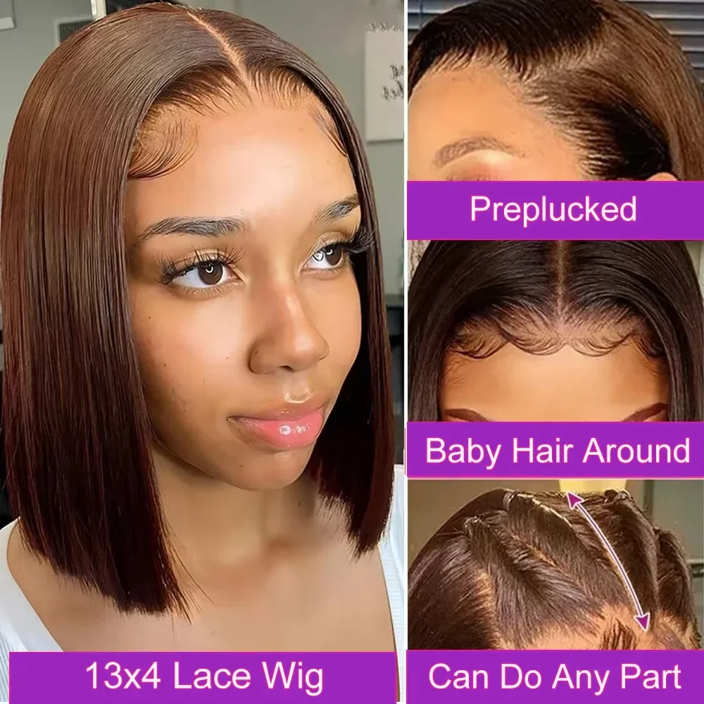 Brown Straight Short Bob Wig 13x4 4x4 HD Lace Frontal Wigs 100% Human Hair Preplucked For Black Woman #4 Color 14 16 Inch thumbnail 4