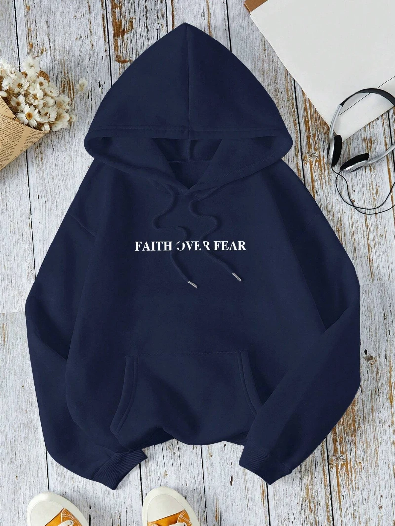 Casual Womens Hoodies Faith Over Fear Letter Printing Sweatshirts Fleece Warm Comfortable Pocket Pullovers Autumn Streetwear thumbnail 2