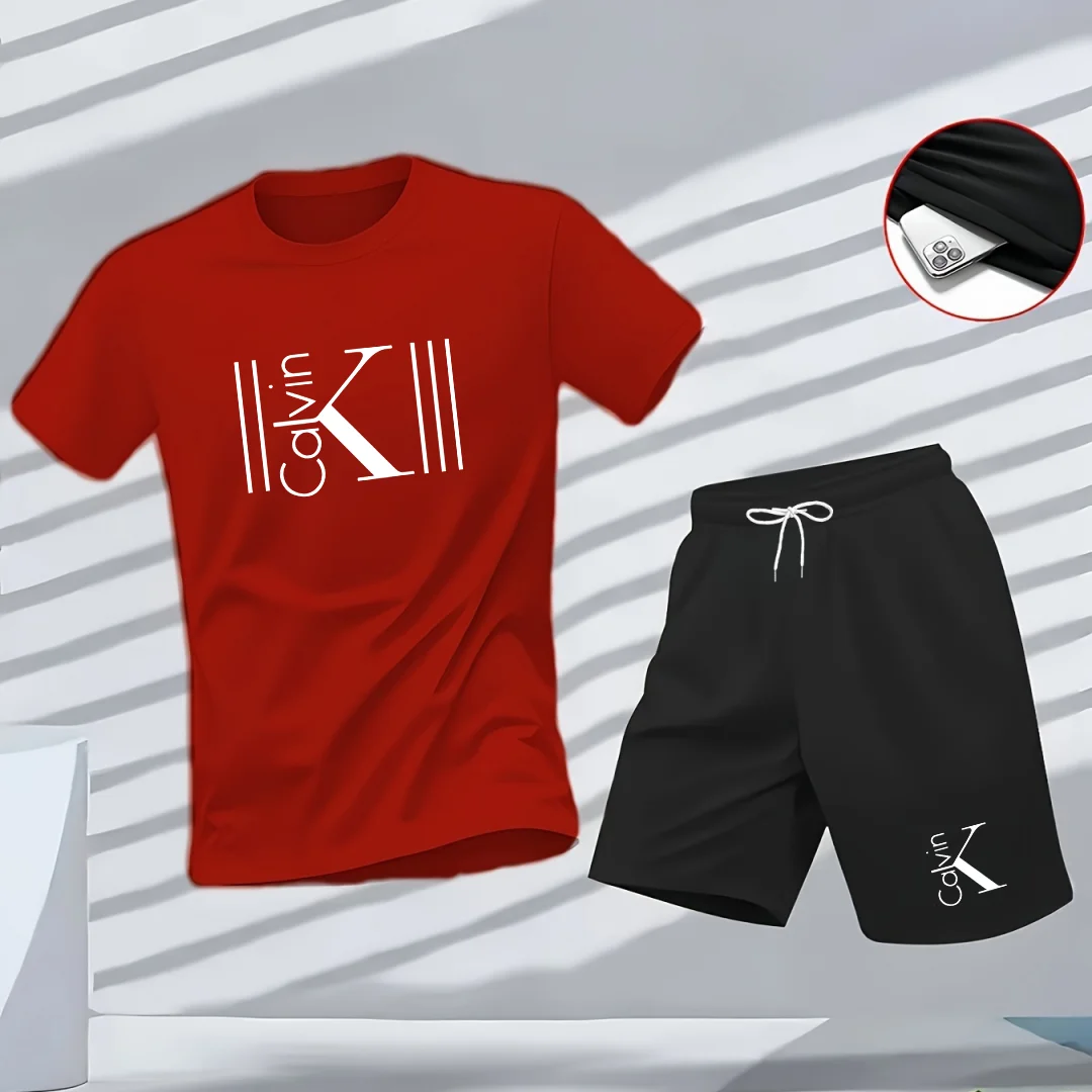 "2025 Men's Breathable sports pattern Printed T-shirt Casual Fashion short-sleeved T-shirt Summer streetwear top Two-piece set. thumbnail 3