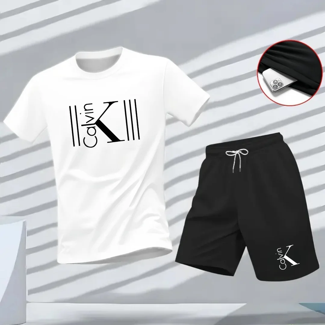 "2025 Men's Breathable sports pattern Printed T-shirt Casual Fashion short-sleeved T-shirt Summer streetwear top Two-piece set.