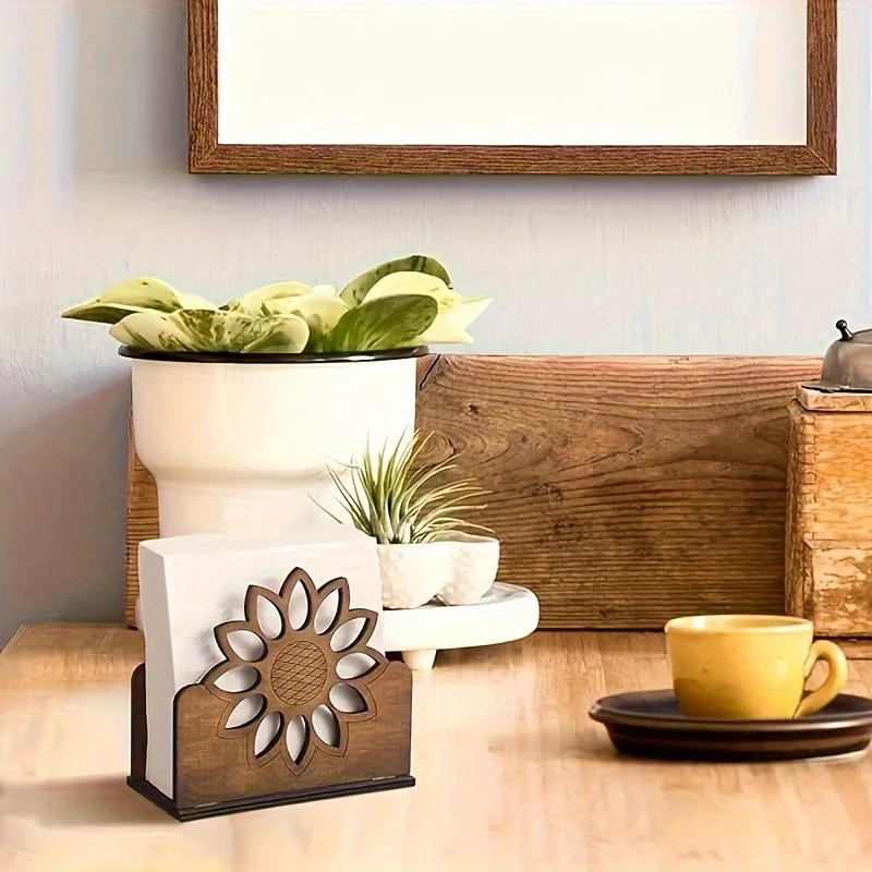Retro Wooden Sunflower Napkin Holder Business Card Stand Tabletop Decor Hotel Home Kitchen Napkin Holder Storage Box for Table thumbnail 3