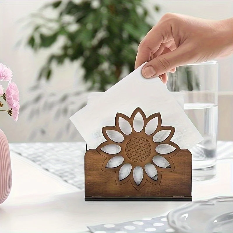 Retro Wooden Sunflower Napkin Holder Business Card Stand Tabletop Decor Hotel Home Kitchen Napkin Holder Storage Box for Table thumbnail 2