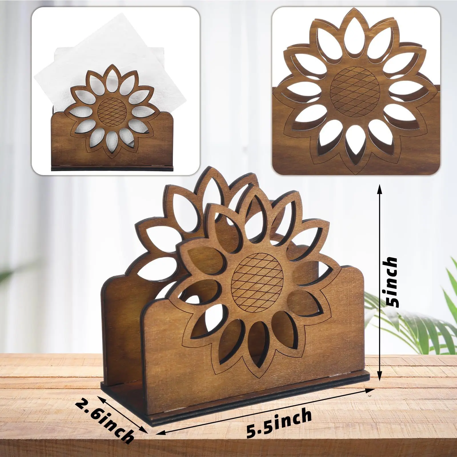 Retro Wooden Sunflower Napkin Holder Business Card Stand Tabletop Decor Hotel Home Kitchen Napkin Holder Storage Box for Table thumbnail 6