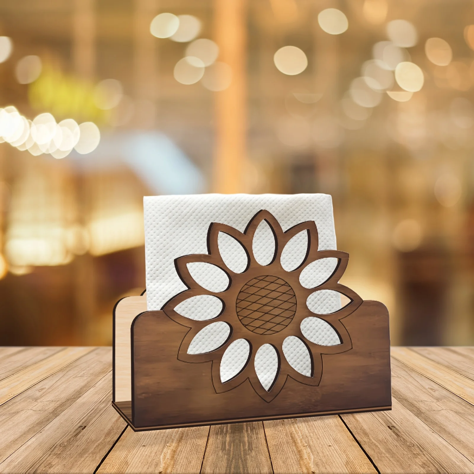 Retro Wooden Sunflower Napkin Holder Business Card Stand Tabletop Decor Hotel Home Kitchen Napkin Holder Storage Box for Table thumbnail 4