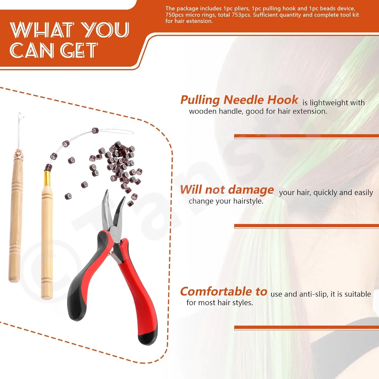 Hair Extension Kit,including 1000Pcs 5 Colors Hair Extension Bead with Hair Pliers,Pulling Hook Loop and Needle Christmas gift thumbnail 4
