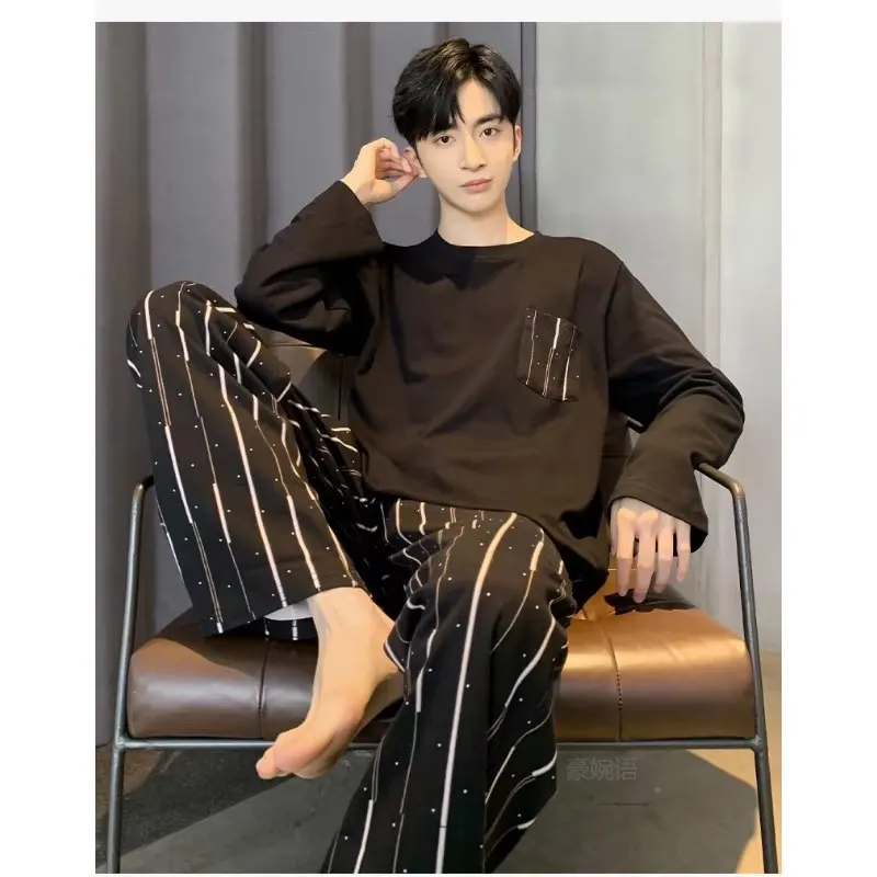 Men‘s Pajama Set Long Sleeve Black Striped Fall and Winter Youth Student Nightwear Loungewear Two Piece Set Sleepwear Homewear thumbnail 4