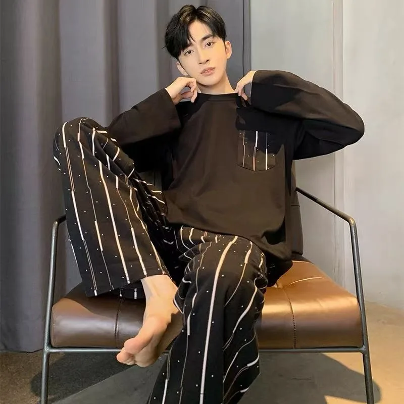 Men‘s Pajama Set Long Sleeve Black Striped Fall and Winter Youth Student Nightwear Loungewear Two Piece Set Sleepwear Homewear thumbnail 2