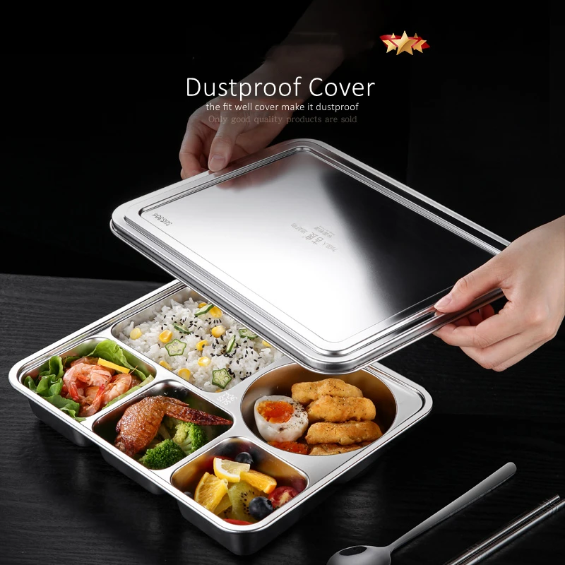 LFGB Certificate Pure 304 Stainless Steel Meal Box School Canteen 4 and 5 Grids Lunch Box Easily Clean Food Container with Cover thumbnail 2