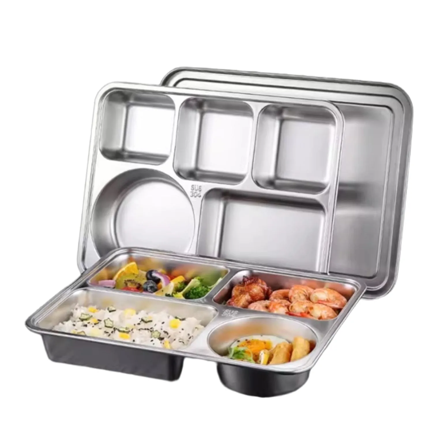 LFGB Certificate Pure 304 Stainless Steel Meal Box School Canteen 4 and 5 Grids Lunch Box Easily Clean Food Container with Cover
