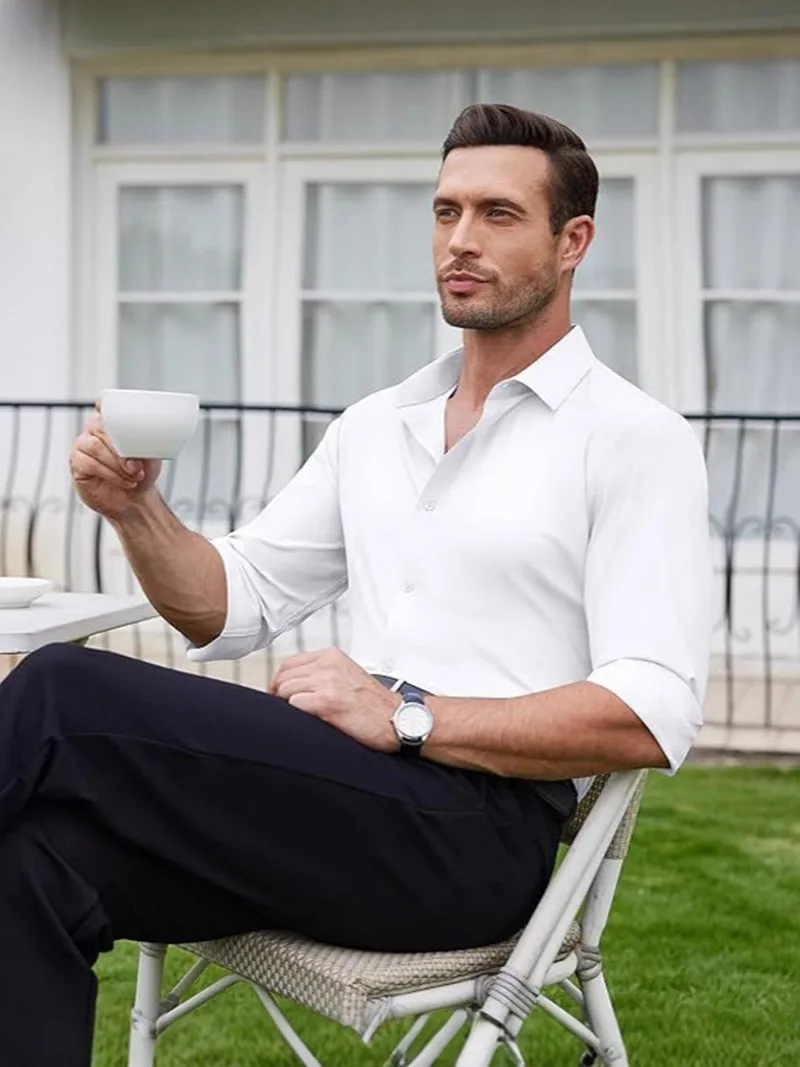 Premium Men's Ultra Stretch Dress Shirts Long Sleeve High Quality Business Formal Wrinkle-free Soft White Social Male Clothing thumbnail 6
