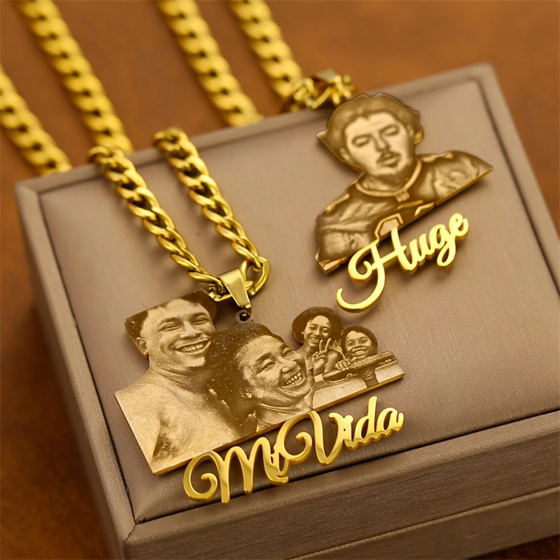 Customized Stainless Steel The Best Brother Photo Necklace Gold Cuban Chain Personalized Pendant With Text Birthday Party Gift thumbnail 3