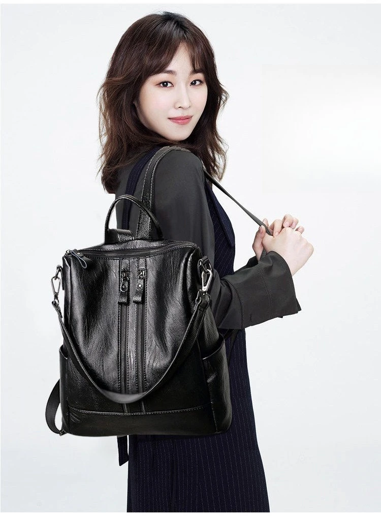 Women Soft Leather Backpack School Black Casual Multifunctional College Bag Large Capacity Shoulder Bags Travel Tote Backpack thumbnail 6