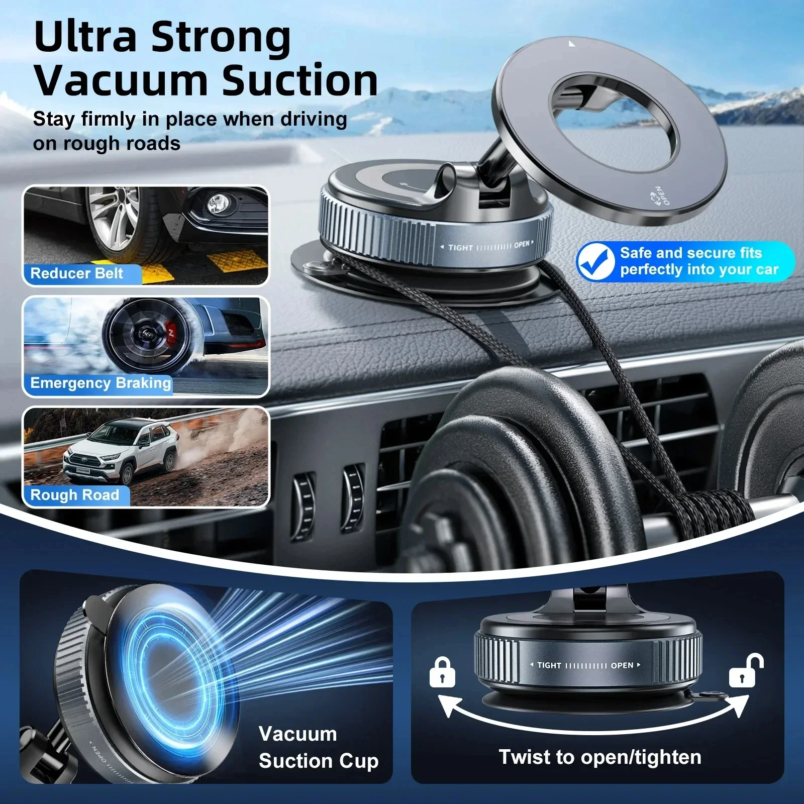 Strong Magnetic Phone Holder Foldable Design 360° Adjustable Vacuum Car Mount For Cell Phone For iphone Live Streaming thumbnail 4