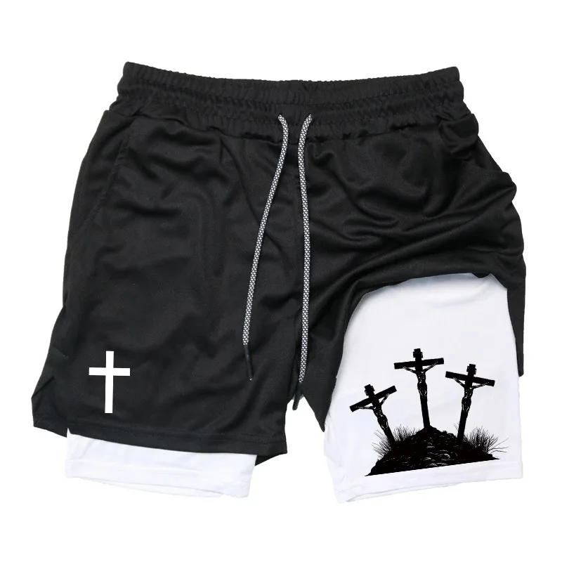 Print 2-in-1 Running Workout Shorts for Men Christian Gym Athletic Performance Shorts with Phone Pocket Towel Loop Activewear thumbnail 5