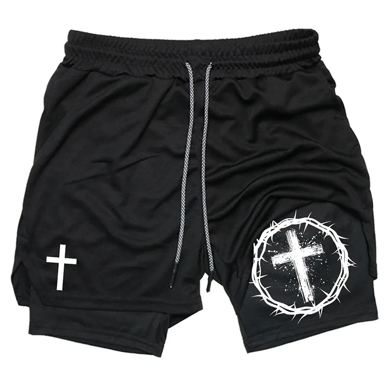 Print 2-in-1 Running Workout Shorts for Men Christian Gym Athletic Performance Shorts with Phone Pocket Towel Loop Activewear thumbnail 6