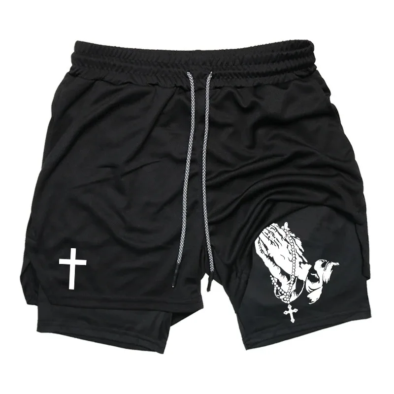 Print 2-in-1 Running Workout Shorts for Men Christian Gym Athletic Performance Shorts with Phone Pocket Towel Loop Activewear thumbnail 2