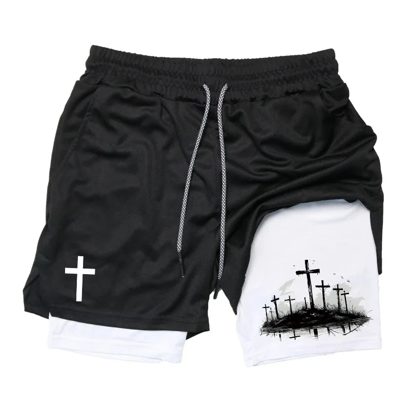 Print 2-in-1 Running Workout Shorts for Men Christian Gym Athletic Performance Shorts with Phone Pocket Towel Loop Activewear thumbnail 3