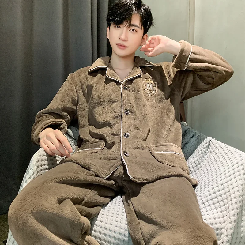Casual Home Youth Winter Long Sleeve Warm Fleece-lined Thickened Flannel Pajamas For Men Warm Comfortable Sleepwear thumbnail 2