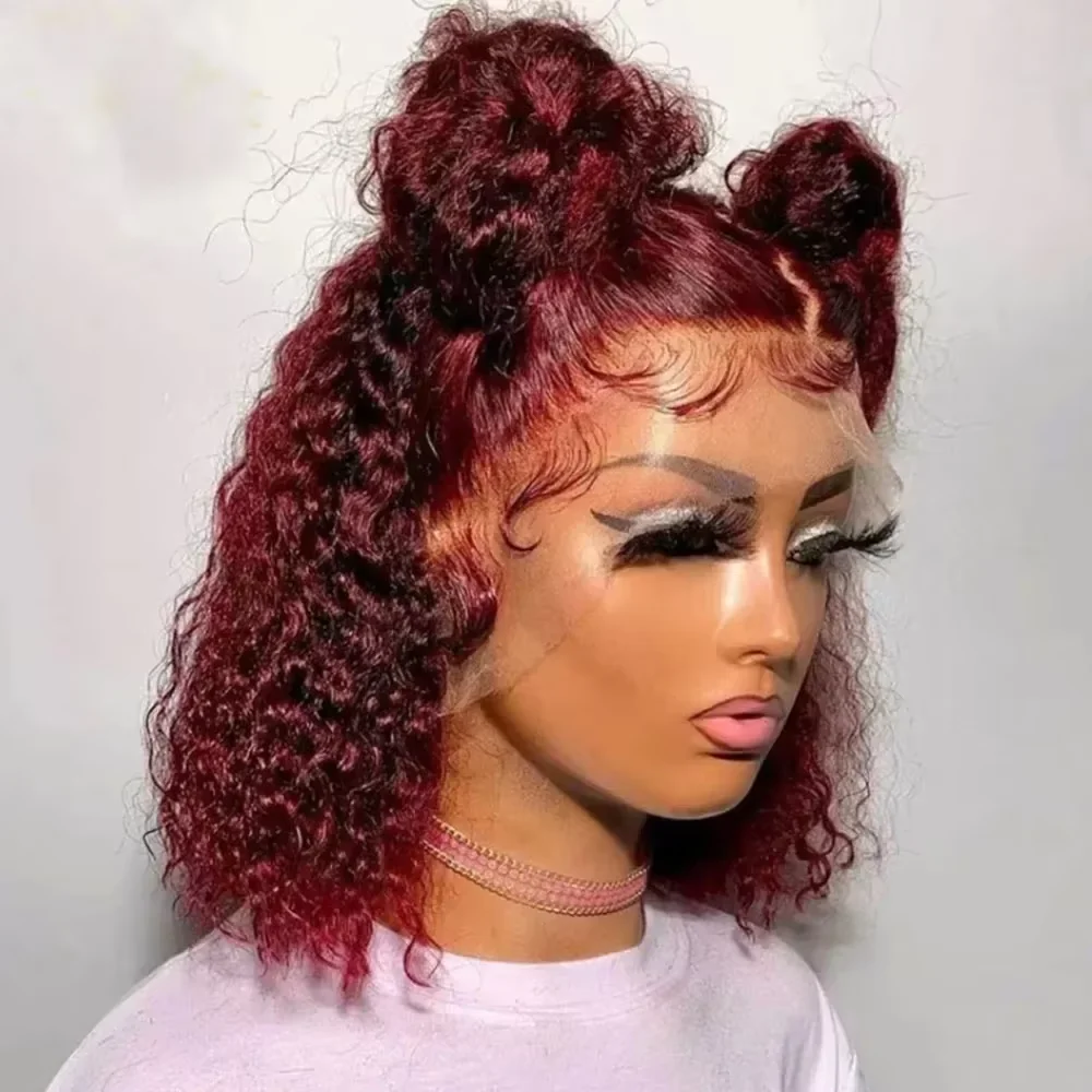 13x4 Lace Frontal Wig Short Bob Kinky Curly Wig Pre Plucked 99J Deep Wave Human Hair Bob Burgundy Lace Front Wigs Bob Human Hai
